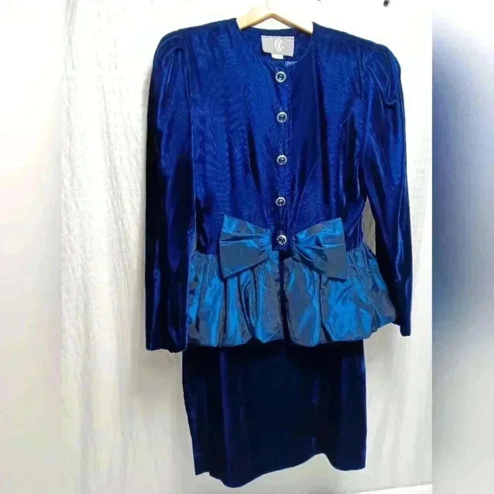 Vintage 80's CI 2pc Festive/Formal Blue Velvet / taffeta dress